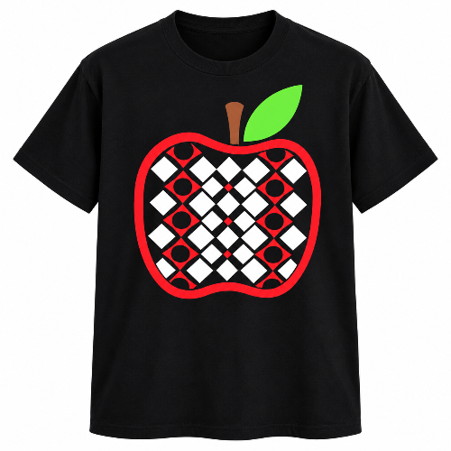 Black graphic T-shirt featuring a red apple with black, white, and red checkered pattern and green leaf.