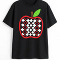 Black graphic t shirt featuring a red apple with a stylish checkered pattern design, creating a bold and modern statement look.