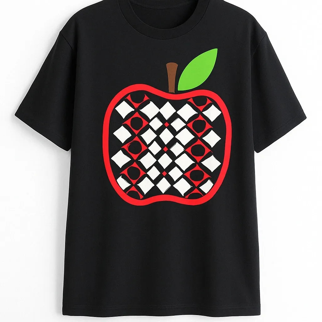 Black graphic t shirt featuring a red apple with a stylish checkered pattern design, creating a bold and modern statement look.