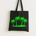 Black cotton tote bag with neon green palm tree design, reusable tropical shoulder bag for beach trips, shopping, travel, school, and summer everyday style.