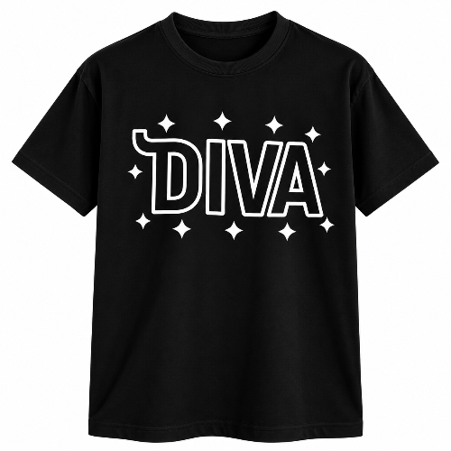 Black Diva graphic T-shirt with bold white outlined lettering and sparkle design.