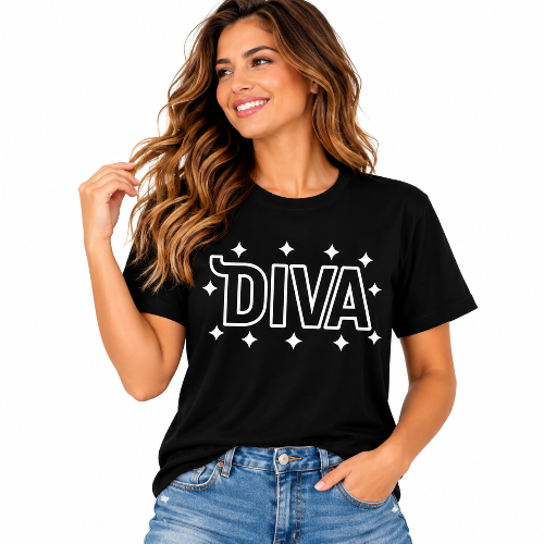 Black Diva graphic T-shirt with white outlined lettering and sparkle design styled with blue jeans.