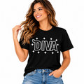 Black Diva graphic T-shirt with white outlined lettering and sparkle design styled with blue jeans.
