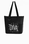 Black tote bag featuring a bold white Diva graphic design on the front. Lightweight reusable shoulder tote with long handles for comfortable carrying. Perfect for shopping, work, school, travel, books, errands, and everyday use. Stylish statement tote bag with a confident fashion-forward design that stands out against the black background. Ideal for women who love bold style, empowerment themes, and practical everyday accessories.