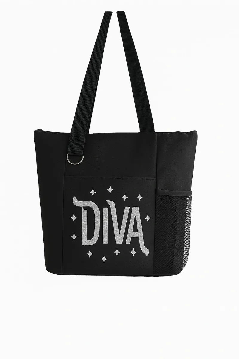 Black tote bag featuring a bold white Diva graphic design on the front. Lightweight reusable shoulder tote with long handles for comfortable carrying. Perfect for shopping, work, school, travel, books, errands, and everyday use. Stylish statement tote bag with a confident fashion-forward design that stands out against the black background. Ideal for women who love bold style, empowerment themes, and practical everyday accessories.