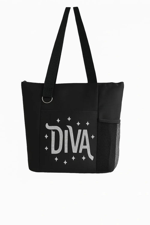 Black tote bag featuring a bold white Diva graphic design on the front. Lightweight reusable shoulder tote with long handles for comfortable carrying. Perfect for shopping, work, school, travel, books, errands, and everyday use. Stylish statement tote bag with a confident fashion-forward design that stands out against the black background. Ideal for women who love bold style, empowerment themes, and practical everyday accessories.