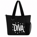 Black Diva tote bag with bold white Diva lettering, sparkle design, shoulder straps and side mesh pocket