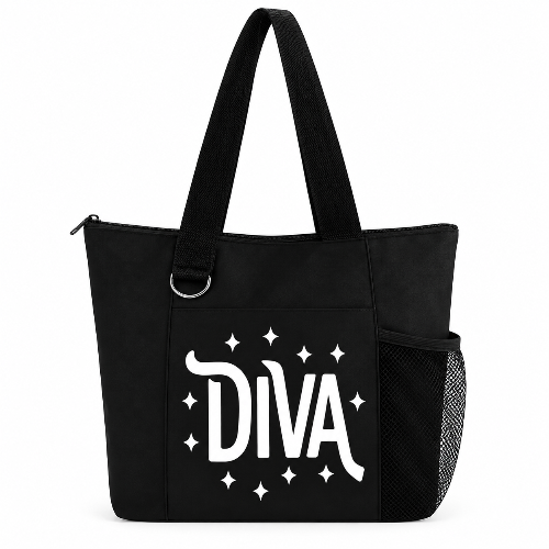 Black Diva tote bag with bold white Diva lettering, sparkle design, shoulder straps and side mesh pocket