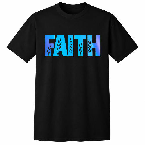 Black unisex T-shirt featuring a bold blue and purple “FAITH” graphic with decorative leaf accents on a white background.