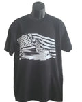 Black Fish American Flag Graphic T-Shirt featuring a fish silhouette layered over a distressed American flag design. Patriotic fishing shirt for anglers, fishermen, outdoor enthusiasts, lake trips, boating adventures, and everyday casual wear.