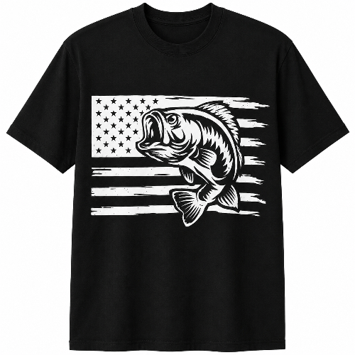 A black short-sleeve crewneck t-shirt featuring a distressed white graphic of a largemouth bass fish over a stylized American flag on the front.