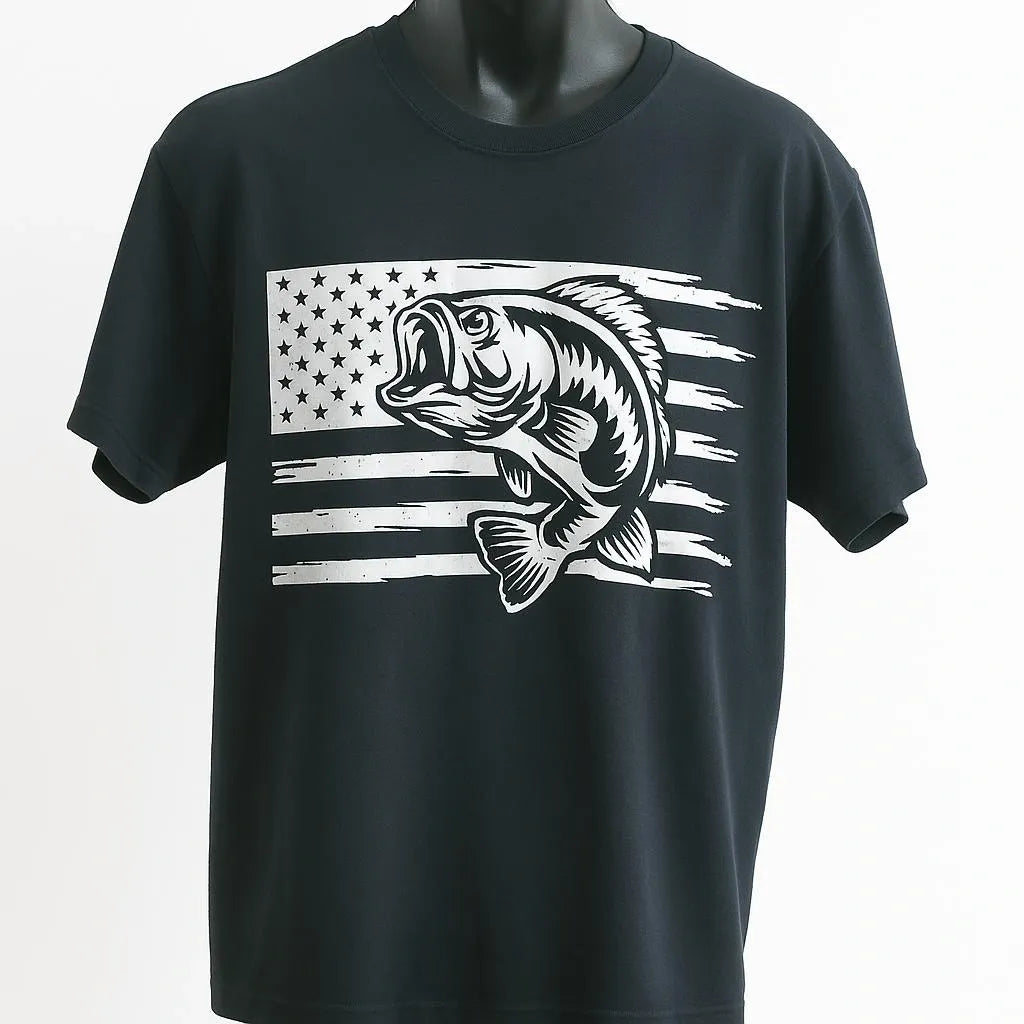 Black Fish Flag Graphic T-Shirt featuring a detailed fish design over a distressed American flag graphic. Patriotic fishing shirt for anglers, fishermen, outdoor enthusiasts, lake trips, boating adventures, and everyday casual wear.