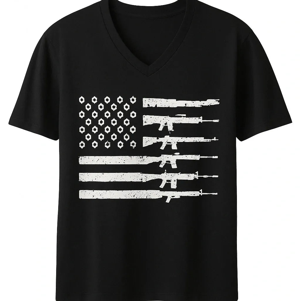 Black graphic t-shirt with distressed American flag design in white print, soft cotton unisex streetwear tee with modern casual everyday style for men and women.