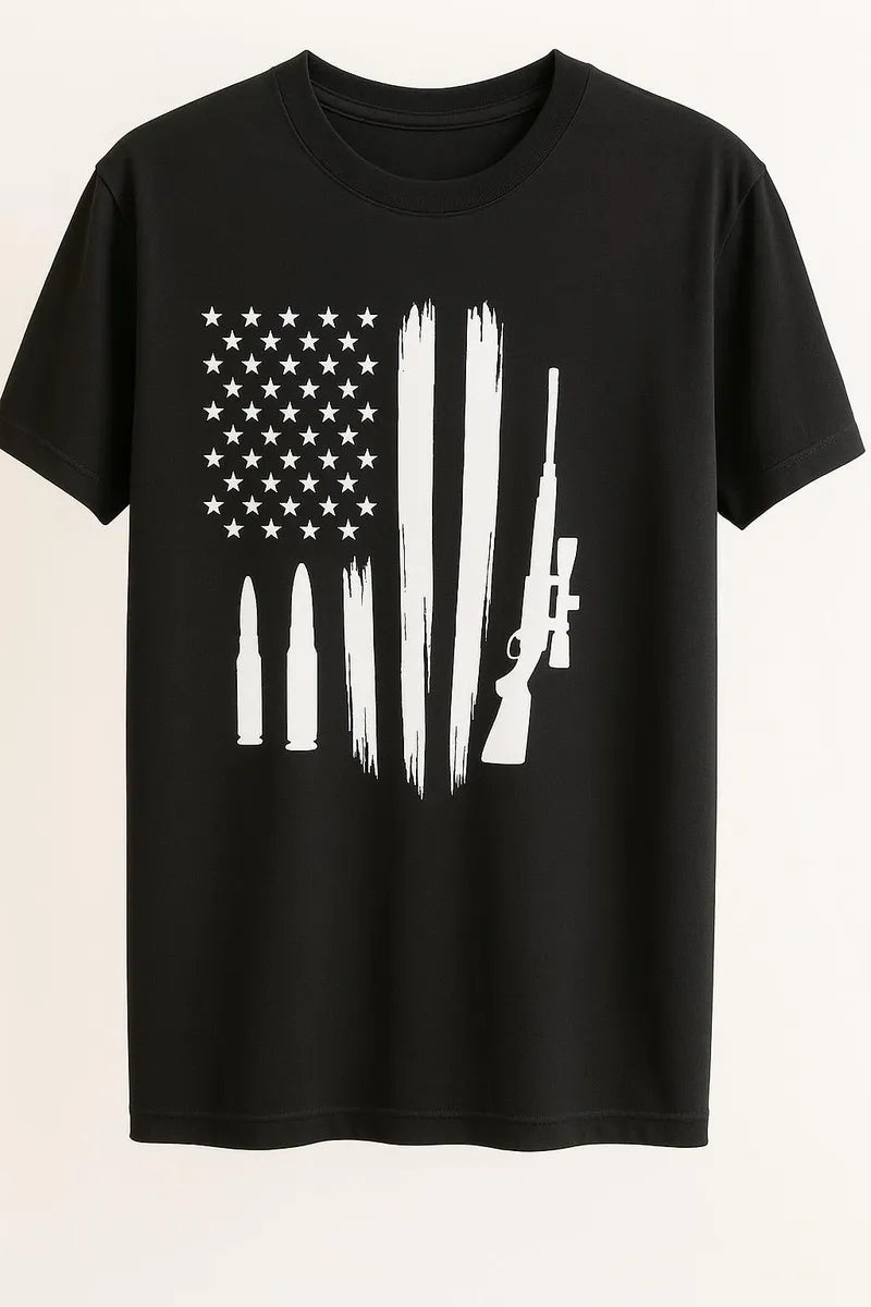 Black graphic T-shirt featuring a distressed vertical American flag design in white, perfect for patriotic fashion, casual wear, and everyday style.