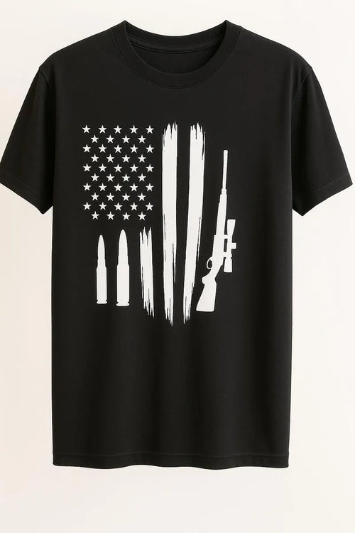Black graphic T-shirt featuring a distressed vertical American flag design in white, perfect for patriotic fashion, casual wear, and everyday style.
