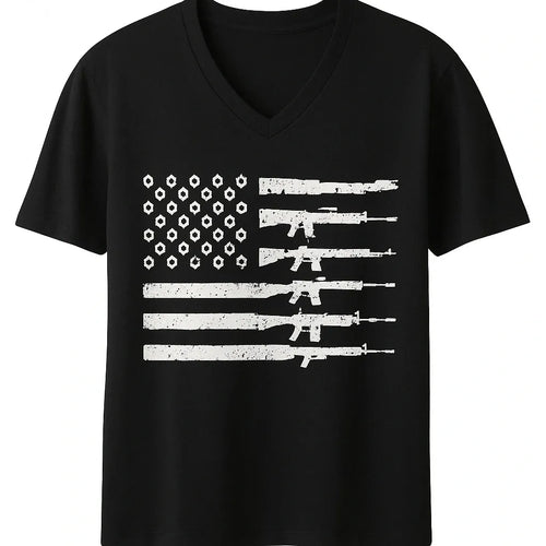 Black graphic T-shirt featuring a distressed white American flag design on the front, ideal for patriotic fashion, casual wear, and everyday style.