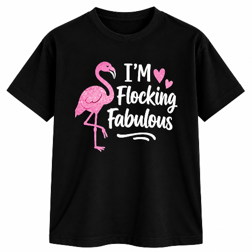 Black Flocking Fabulous graphic T-shirt with pink flamingo, hearts, and white lettering.