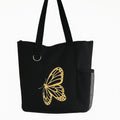 Black tote bag with elegant gold butterfly design, reusable everyday shoulder tote bag for shopping, travel, work, books, groceries, and daily essentials