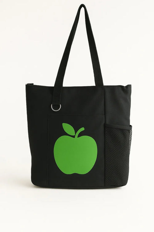 Black tote bag with bright green apple graphic design, reusable shoulder tote bag for shopping, work, school, travel, books, groceries, and everyday essentials