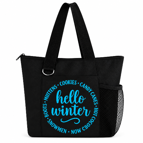 Black Hello Winter tote bag with blue winter words, zipper, long straps, and side mesh pocket