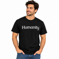 Man wearing a black Humanity graphic T-shirt with bold white lettering on the front.