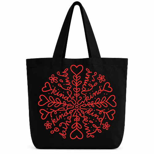 Black cotton tote bag featuring a red heart, floral, and kindness-inspired snowflake design on a white background.
