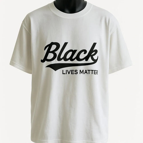 White graphic t-shirt featuring a bold "Black Lives Matter" typography design in black lettering, unisex statement tee promoting unity, equality, and awareness.