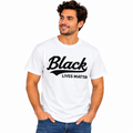 Man wearing a white, Black Lives Matter graphic T-shirt with bold black lettering.