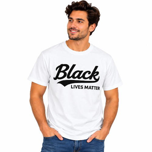 Man wearing a white, Black Lives Matter graphic T-shirt with bold black lettering.