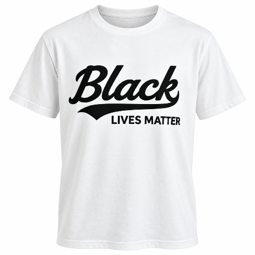 White Black Lives Matter graphic T-shirt with bold black lettering on the front.