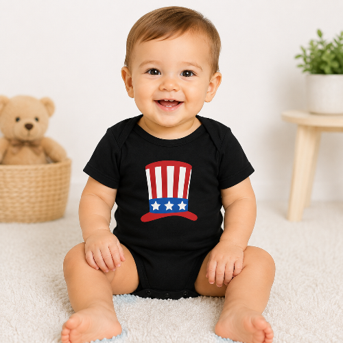 A smiling baby sitting on a white carpet wearing a black short-sleeve bodysuit with a red, white, and blue patriotic top hat graphic on the chest. A teddy bear is in a basket on the left, and a small plant on a wooden stool is on the right.