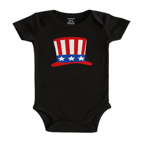 Black patriotic baby bodysuit with red white and blue USA hat graphic soft cotton infant outfit for Fourth of July summer holiday and Independence Day baby celebrations