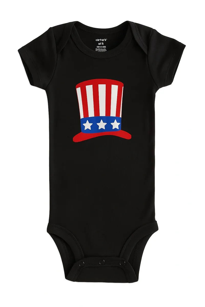 Black patriotic baby bodysuit with red white and blue USA hat graphic soft cotton infant outfit for Fourth of July summer holiday and Independence Day baby celebrations
