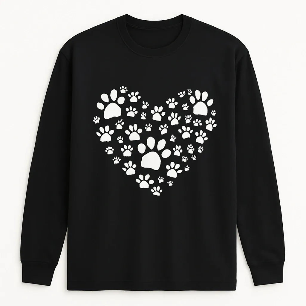 Black long sleeve shirt featuring a white heart made of paw prints, pet lover graphic shirt for dog lovers, cat lovers, animal rescue supporters, and everyday casual wear