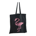 Shop the Black Pink Flamingo Cotton Tote Bag featuring a tropical pink flamingo design. Lightweight reusable cotton bag for shopping, travel, beach, and everyday use.