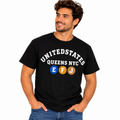 Man wearing a black Queens NYC graphic T-shirt with white lettering and colorful E F J subway-style circles.