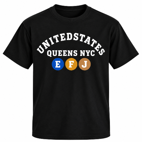 Black Queens NYC graphic T-shirt with white United States and Queens NYC lettering and E F J subway-style circles.
