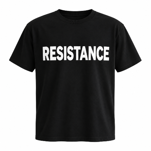 A black short-sleeve crewneck t-shirt with the word 'RESISTANCE' printed across the chest in bold white capital letters, shown against a plain white background.