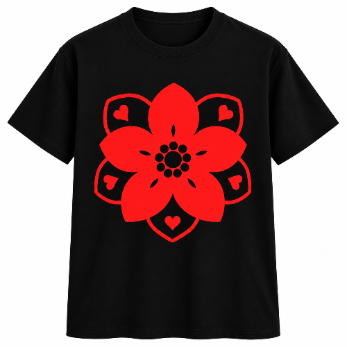 A black short-sleeve crewneck t-shirt featuring a large red graphic of a stylized flower with hearts on the front, displayed against a solid white background.