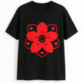 Black graphic t shirt featuring a bold red flower design with modern floral artwork creating a stylish and eye catching statement piece.