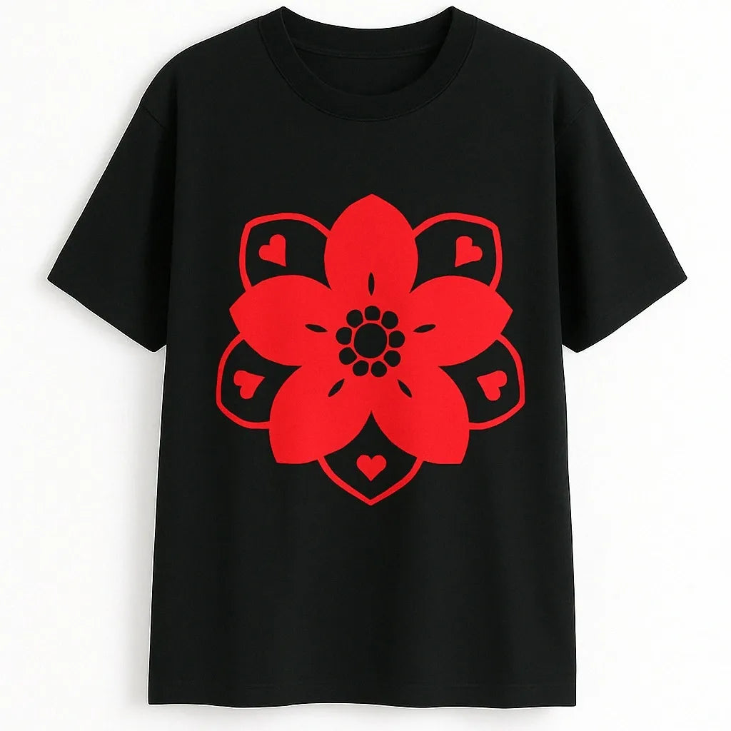 Black graphic t shirt featuring a bold red flower design with modern floral artwork creating a stylish and eye catching statement piece.