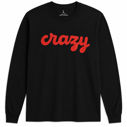 A black long-sleeve crewneck t-shirt with the word 'crazy' printed across the chest in a bold red cursive font, shown against a plain white background.
