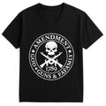Black skull emblem graphic t-shirt with circular skull logo design on soft black fabric. Stylish unisex streetwear tee with bold monochrome artwork, modern casual fit, edgy fashion style, everyday graphic shirt for men and women.