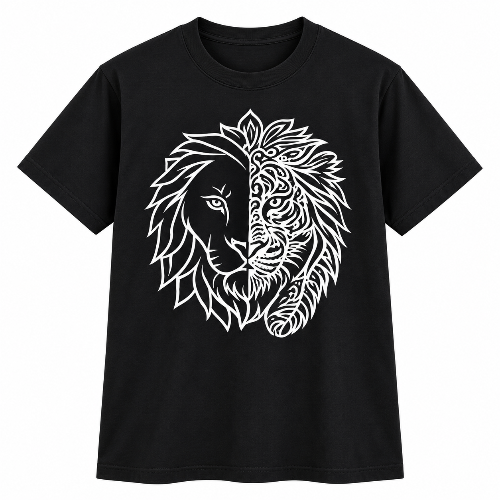 A black short-sleeve crewneck t-shirt featuring a large white graphic print of a split lion face on the front, set against a plain white background.