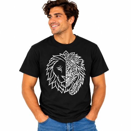 A man wearing a black short-sleeve crewneck t-shirt with a white line art graphic of a lion face on the front, paired with blue jeans, against a plain white background.