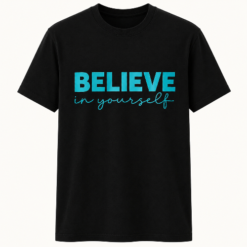 Black unisex Believe in Yourself graphic T-shirt featuring bold turquoise lettering with a motivational inspirational design.