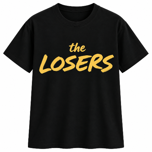 Black graphic T-shirt featuring The Losers in bold mustard yellow lettering.