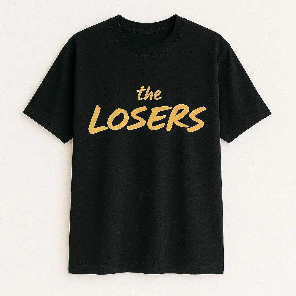 Black graphic t shirt featuring bold The Losers text design in a stylish streetwear-inspired font, perfect for casual outfits, urban fashion, and everyday wear.