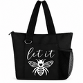 Black Let It Bee tote bag with white bee and heart design, zipper, long straps, front pocket, and side mesh pocket