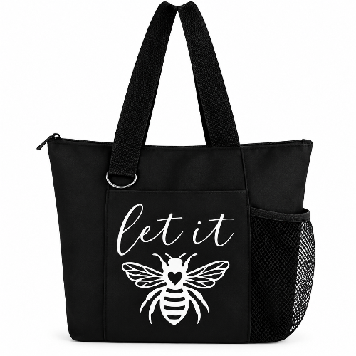 Black Let It Bee tote bag with white bee and heart design, zipper, long straps, front pocket, and side mesh pocket